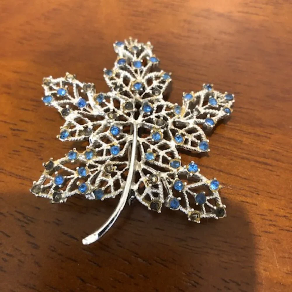 Silver Tone Blue Rhinestone Oversized Leaf Brooch Pin